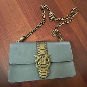 Pinko Elegant Gray Leather Shoulder Bag with Gold Accents